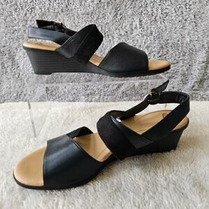 Dr‎ Scholls Women Grace Faux Leather Wedge Slingback Sandals Sz 8M Black Strappy